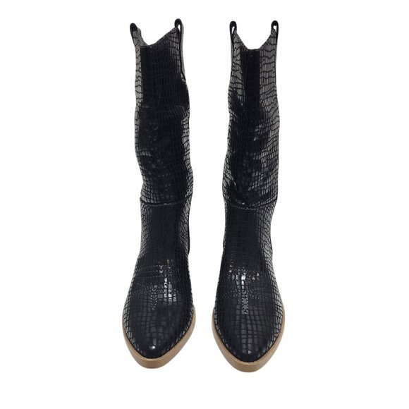 Black Croc-Embossed Mid-Calf Western Boots Size 6M Faux Leather Upper Block Heel - Picture 3 of 10